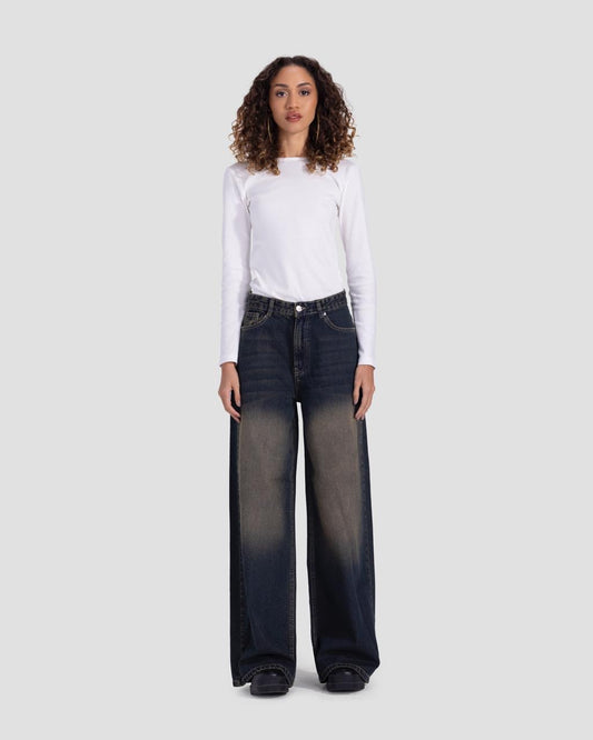 Basic wide-leg pants in dirty washed blue with brown shades